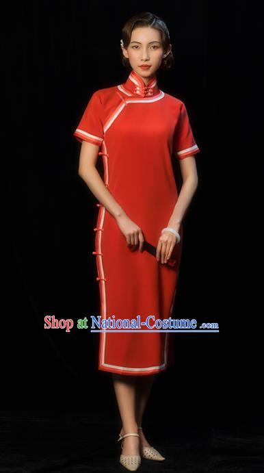 China Traditional Minguo Shanghai Woman Qipao Dress Classical Wedding Bride Red Silk Cheongsam