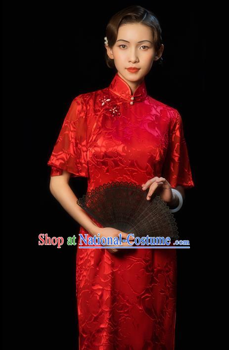 China Classical Wedding Bride Red Cheongsam Traditional Minguo Young Woman Wide Sleeve Qipao Dress