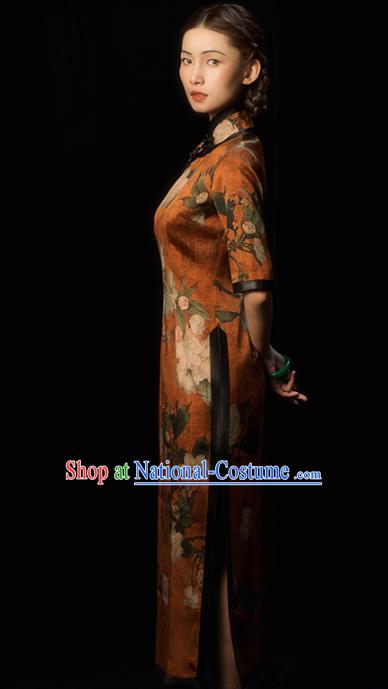 China Classical Printing Flowers Silk Cheongsam Traditional Minguo Gambiered Guangdong Gauze Qipao Dress