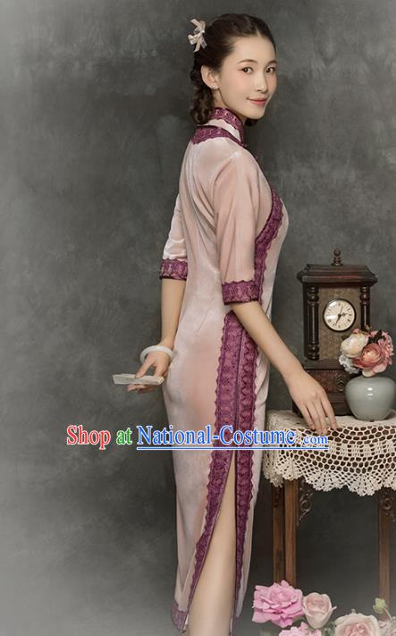 China Classical Pink Velvet Cheongsam Traditional Minguo Young Lady Qipao Dress