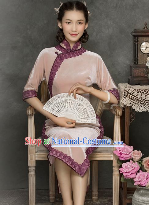 China Classical Pink Velvet Cheongsam Traditional Minguo Young Lady Qipao Dress