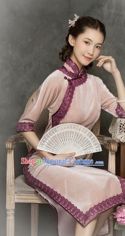 China Classical Pink Velvet Cheongsam Traditional Minguo Young Lady Qipao Dress