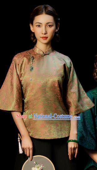 Chinese National Woman Clothing Tang Suit Light Green Brocade Jacket Outer Garment