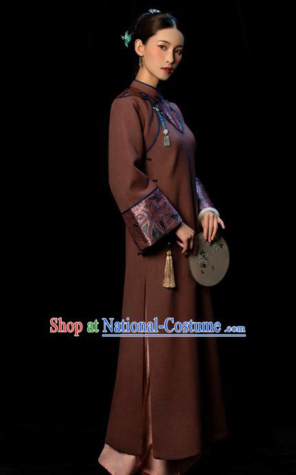 Republic of China Young Woman Cheongsam Traditional Minguo Winter Brown Woolen Qipao Dress