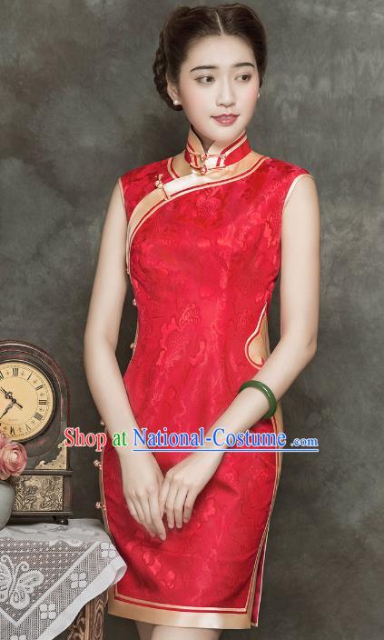 China Modern Red Silk Cheongsam Traditional Wedding Bride Short Qipao Dress