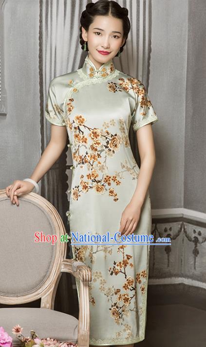 China Classical Printing Plum Blossom Silk Cheongsam Traditional Lace Light Green Qipao Dress