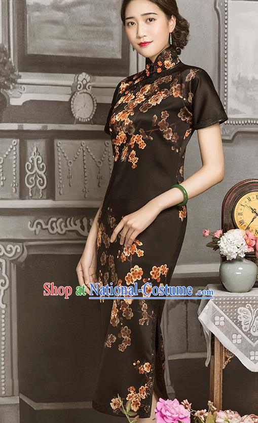 China Classical Shanghai Rich Woman Cheongsam Traditional Minguo Young Mistress Black Silk Qipao Dress