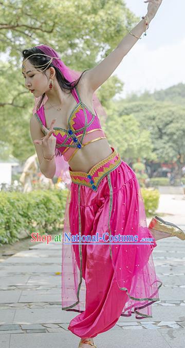 Indian Bollywood Princess Jasmine Rosy Top and Pants Folk Dance Performance Clothing Belly Dance Uniforms