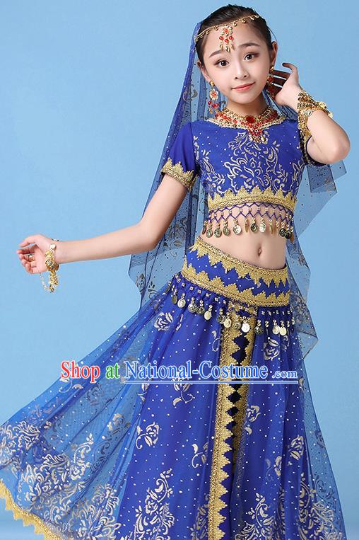 Indian Children Dance Clothing Girls Belly Dance Royalblue Uniforms Bollywood Performance Top and Skirt