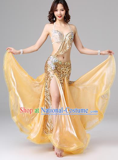 Asian Oriental Dance Performance Costume Professional Indian Belly Dance Bra and Golden Skirt