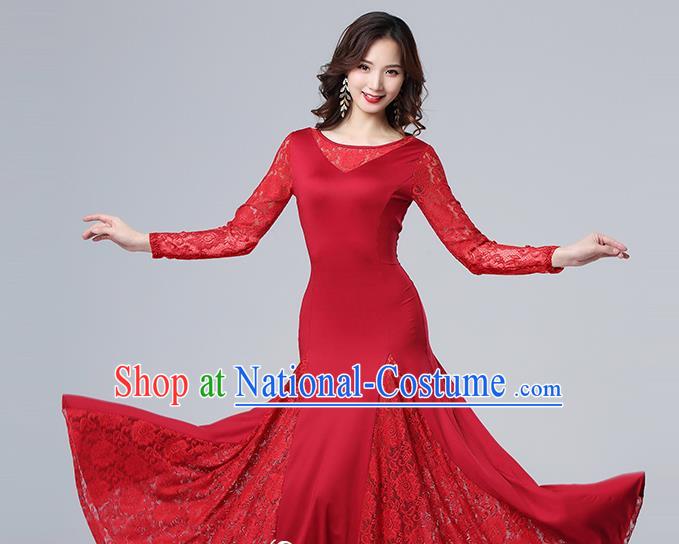 Top Stage Performance Fashion Modern Dance Clothing Ballroom Waltz Dance Red Lace Dress