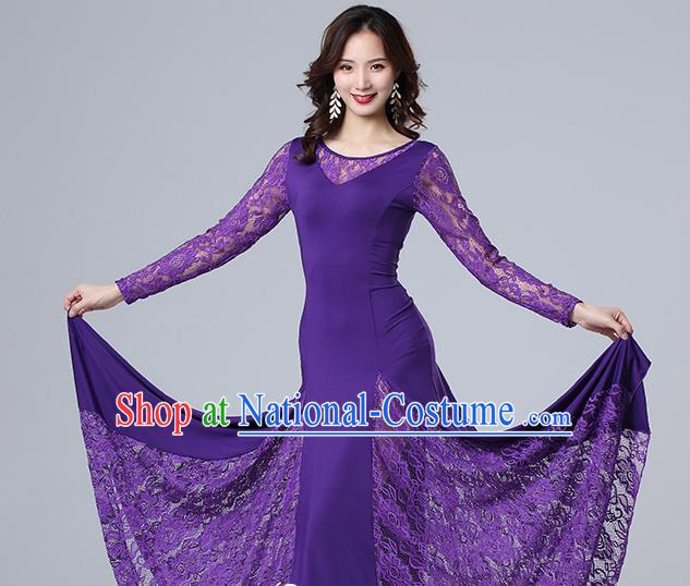 Top Ballroom Waltz Dance Purple Lace Dress Stage Performance Fashion Modern Dance Clothing