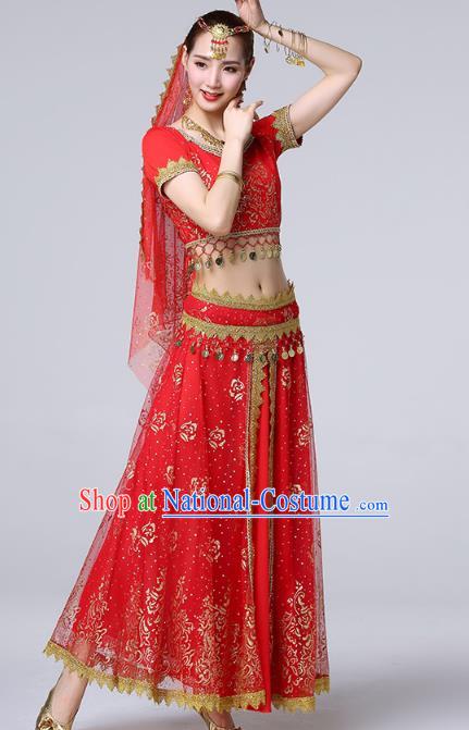 Indian Dance Performance Clothing Belly Dance Uniforms Bollywood Tianzhu Lady Red Blouse and Skirt