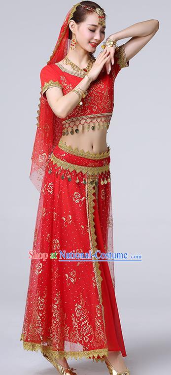 Indian Dance Performance Clothing Belly Dance Uniforms Bollywood Tianzhu Lady Red Blouse and Skirt