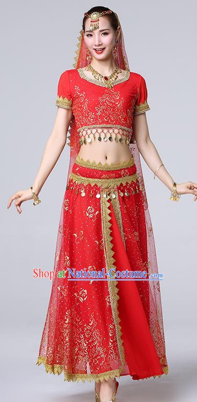 Indian Dance Performance Clothing Belly Dance Uniforms Bollywood Tianzhu Lady Red Blouse and Skirt