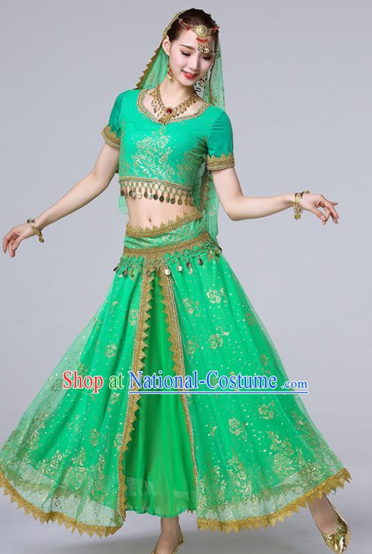 Indian Bollywood Dance Performance Clothing Belly Dance Uniforms Tianzhu Princess Green Blouse and Skirt