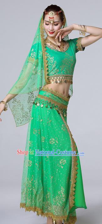 Indian Bollywood Dance Performance Clothing Belly Dance Uniforms Tianzhu Princess Green Blouse and Skirt