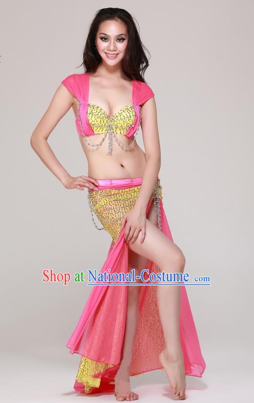 Professional Indian Belly Dance Bra and Sequins Rosy Skirt Asian Oriental Dance Performance Costume