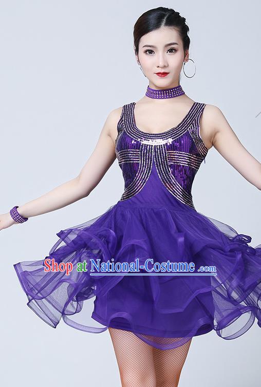 Top Latin Dance Purple Bubble Dress Stage Performance Dancewear Modern Dance Sexy Fashion Clothing