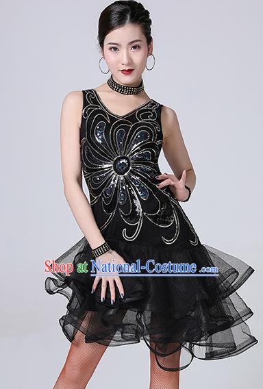 Top Stage Performance Dancewear Modern Cha Cha Dance Clothing Latin Dance Competition Black Bubble Dress