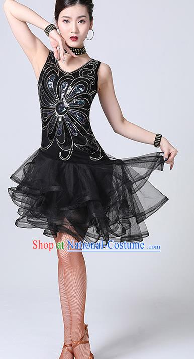 Top Stage Performance Dancewear Modern Cha Cha Dance Clothing Latin Dance Competition Black Bubble Dress