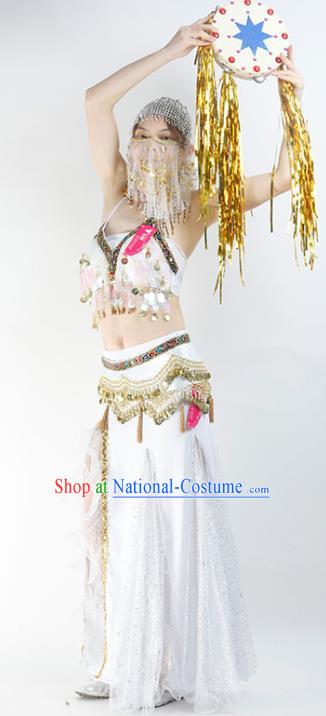 Indian Bollywood Dance Performance Clothing Belly Dance White Uniforms Tianzhu Princess Tassel Bra and Skirt