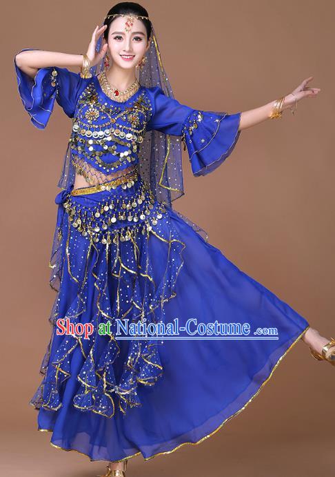 Indian Sexy Dance Clothing Belly Dance Training Royalblue Uniforms Bollywood Dance Sequins Blouse and Skirt