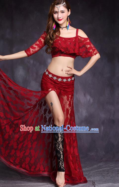 Asian Oriental Dance Uniforms Professional Belly Dance Stage Performance Costume Indian Raks Sharki Red Lace Top and Skirt