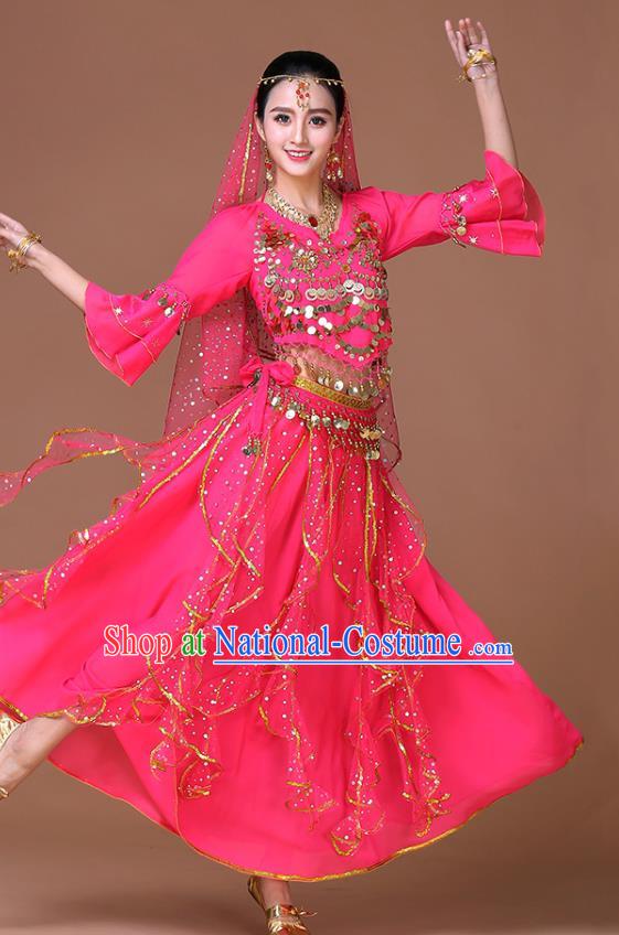 Indian Belly Dance Training Rosy Uniforms Bollywood Dance Sequins Blouse and Skirt Sexy Dance Clothing