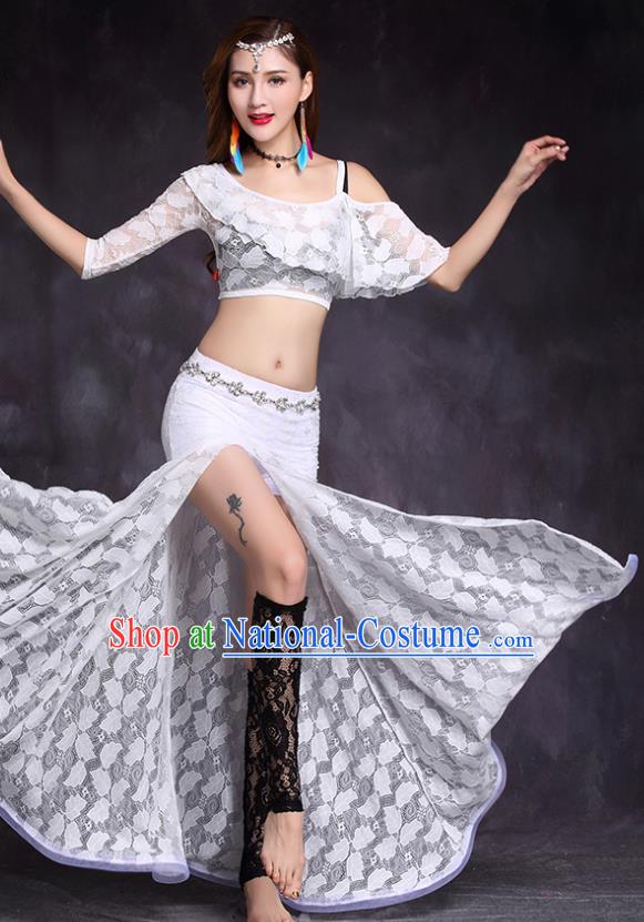 Professional Asian Oriental Dance Uniforms Belly Dance Stage Performance Costume Indian Raks Sharki White Lace Top and Skirt