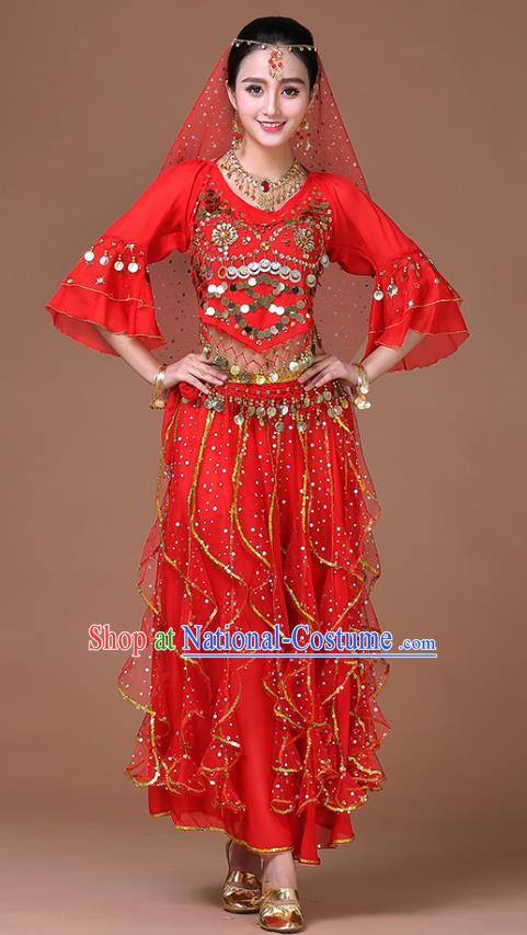 Indian Bollywood Sexy Dance Clothing Princess Dance Sequins Blouse and Skirt Belly Dance Red Uniforms