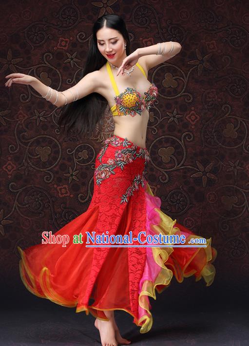 Indian Belly Dance Costumes Oriental Dance Bra and Red Lace Skirt Asian Raks Sharki Performance Uniforms