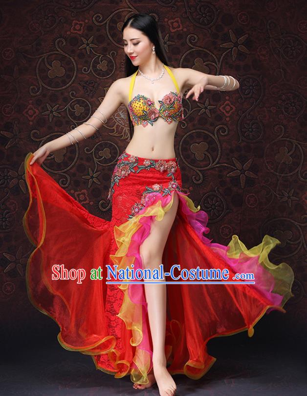 Indian Belly Dance Costumes Oriental Dance Bra and Red Lace Skirt Asian Raks Sharki Performance Uniforms