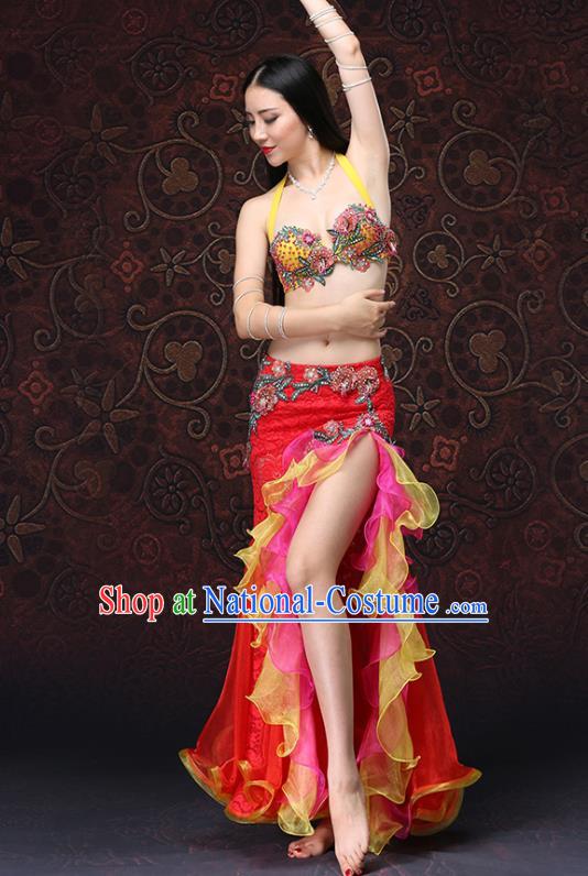 Indian Belly Dance Costumes Oriental Dance Bra and Red Lace Skirt Asian Raks Sharki Performance Uniforms