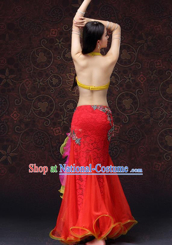 Indian Belly Dance Costumes Oriental Dance Bra and Red Lace Skirt Asian Raks Sharki Performance Uniforms