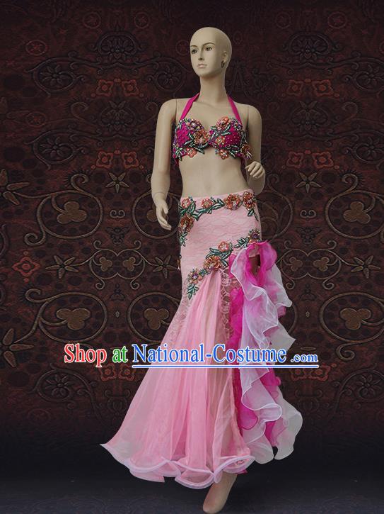 Asian Raks Sharki Performance Uniforms Indian Belly Dance Costumes Oriental Dance Bra and Pink Lace Skirt