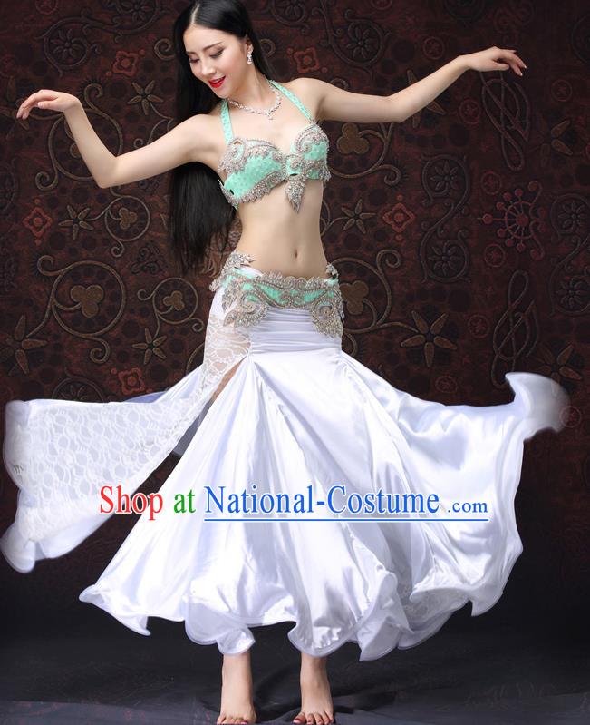 Asian Oriental Dance Green Bra and White Skirt Indian Performance Uniforms Belly Dance Costumes