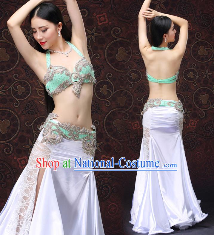 Asian Oriental Dance Green Bra and White Skirt Indian Performance Uniforms Belly Dance Costumes