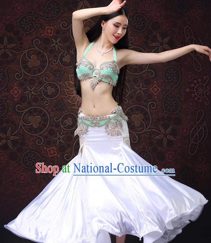 Asian Oriental Dance Green Bra and White Skirt Indian Performance Uniforms Belly Dance Costumes