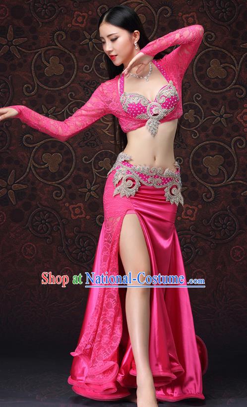 Asian Belly Dance Costumes Oriental Dance Green Bra and Rosy Lace Skirt Indian Performance Uniforms