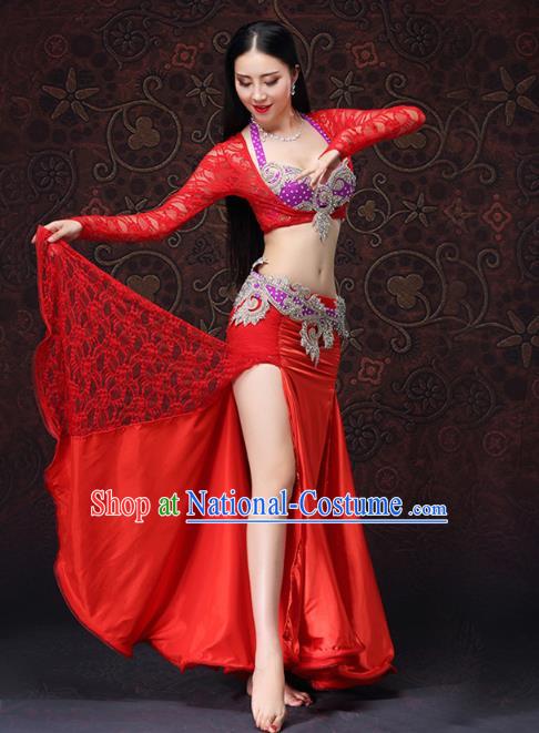 Indian Performance Uniforms Asian Belly Dance Costumes Oriental Dance Bra and Red Lace Skirt