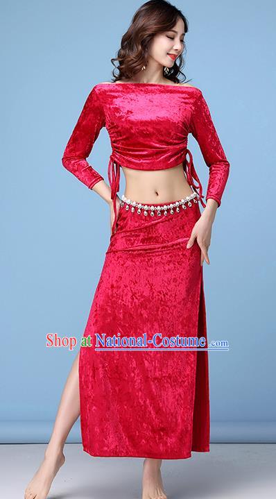 Asian Oriental Dance Rosy Velvet Apparels Stage Performance Costume Professional Indian Belly Dance Blouse and Skirt