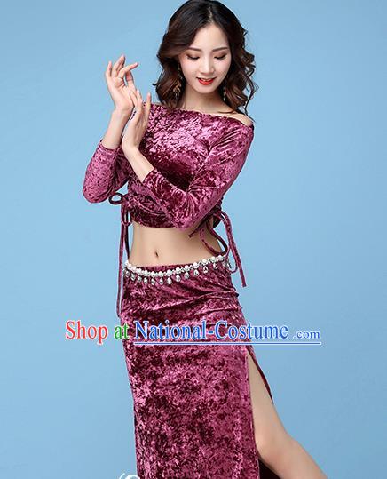 Professional Indian Belly Dance Blouse and Skirt Asian Oriental Dance Purple Velvet Apparels Stage Performance Costume