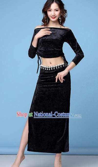 Professional Stage Performance Costume Indian Belly Dance Blouse and Skirt Asian Oriental Dance Black Velvet Apparels