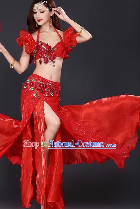 Indian Oriental Dance Red Bra and Skirt Uniforms Asian Belly Dance Training Costumes