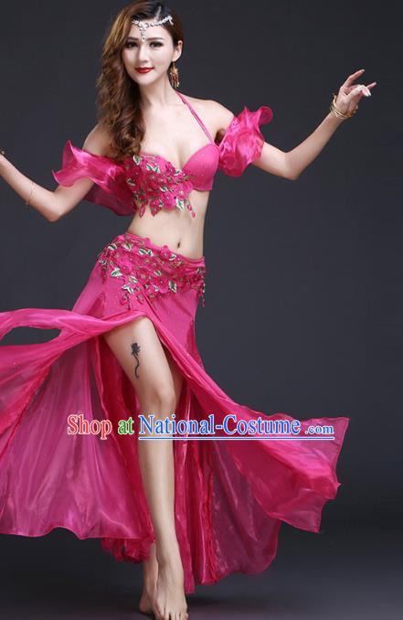 Asian Belly Dance Training Costumes Indian Oriental Dance Rosy Bra and Skirt Uniforms