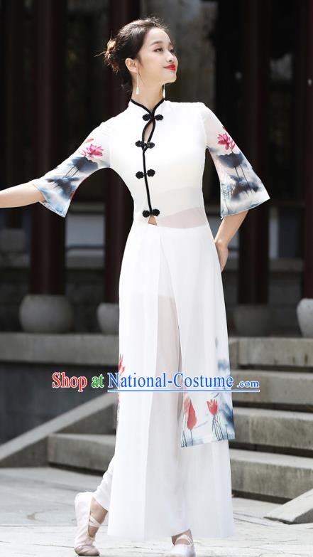 China Stage Performance Dancewear Classical Dance Clothing Ink Painting Lotus White Top Dress