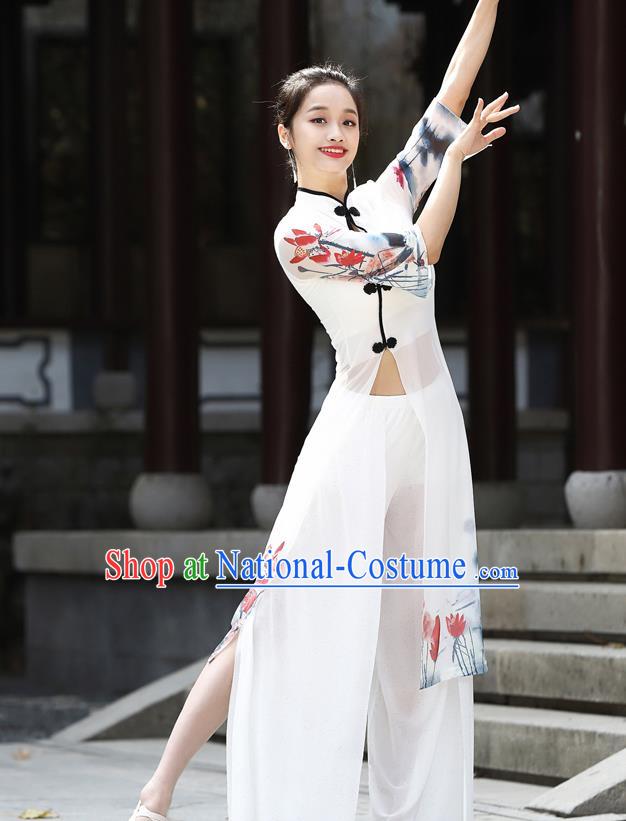 China Stage Performance Dancewear Classical Dance Clothing Ink Painting Lotus White Top Dress