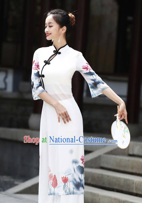 China Stage Performance Dancewear Classical Dance Clothing Ink Painting Lotus White Top Dress