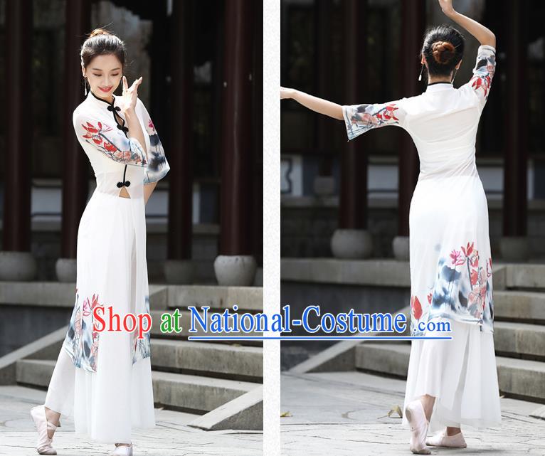 China Stage Performance Dancewear Classical Dance Clothing Ink Painting Lotus White Top Dress